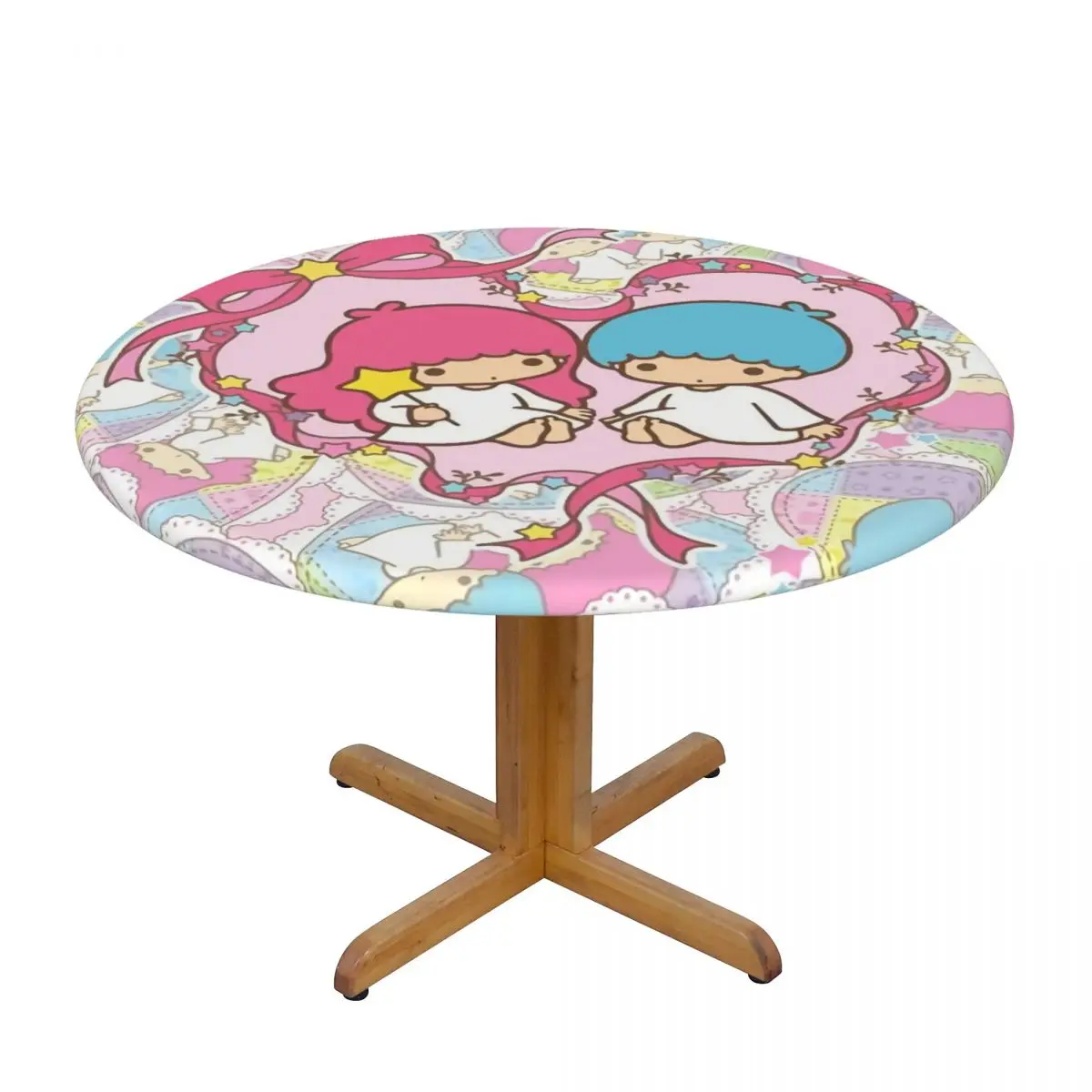 Round Little Twin Stars Sanrio Cartoon Kiki Lala Table Cover Elastic Fitted Table Cloth Backing Edge Tablecloth for Picnic