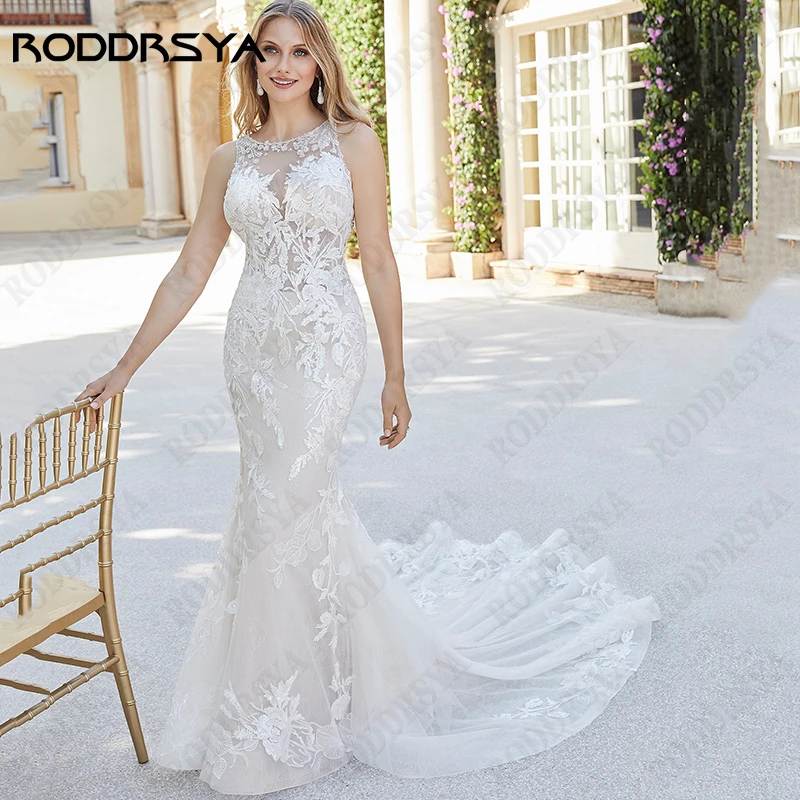 RODDRSYA-Robe de mariée sirène dos nu à col rond, appliques en fibre de Bohème, fête des patients en tulle, robe de mariée élégante, sur mesure Robe de mariée Bohème sans manches avec applications en tulle pour la fête