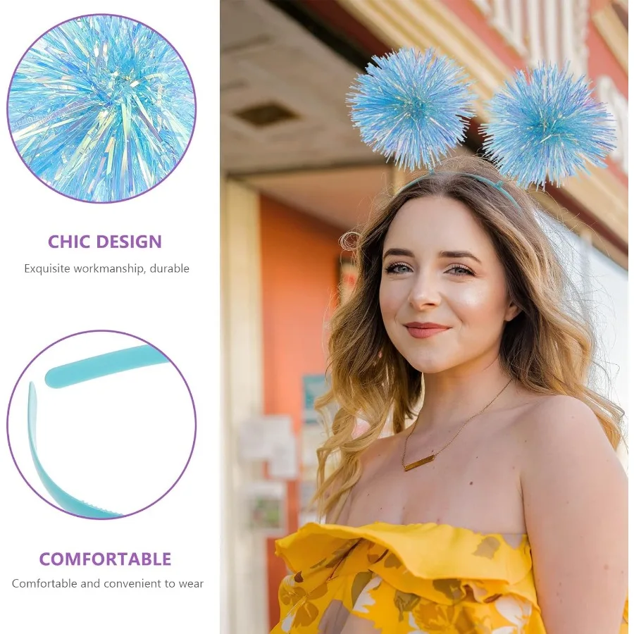 Diadema de tiras de aluminio con pompón, bolas esponjosas, cabeza de oropel, accesorio para el cabello para Cosplay, para fiestas festivas, eventos festivos y