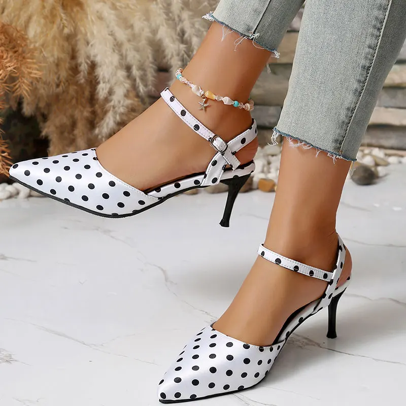 women white high heel sandals pumps slingback shoes stiletto heel fashion thin heel shoes polka dots shoes party pumps