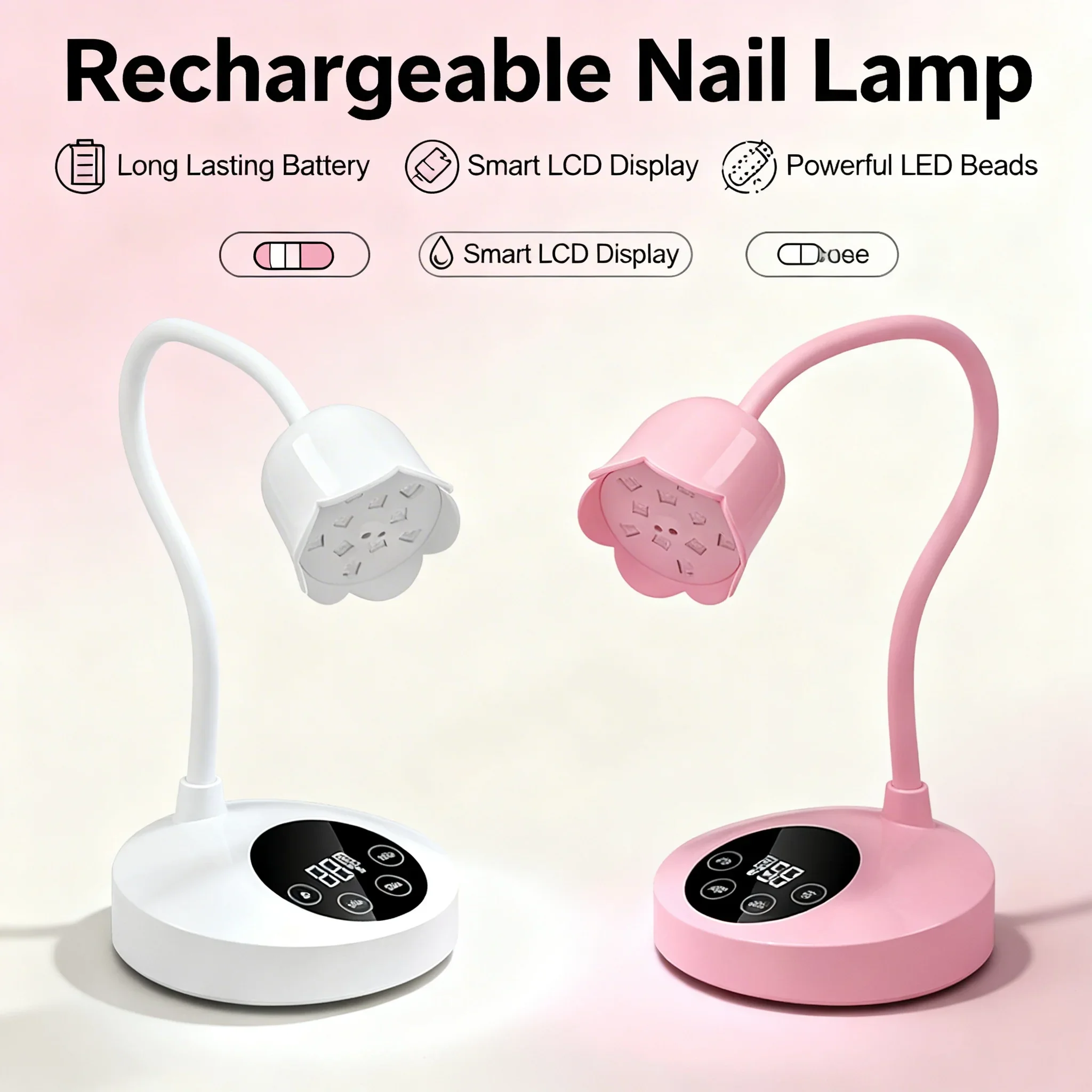Rechargeable Gooseneck LED Nail Lamp, 2000mAh Cordless UV Gel Curing Light, LCD Display, No Skin Darkening, Fast Curing Nail Dry