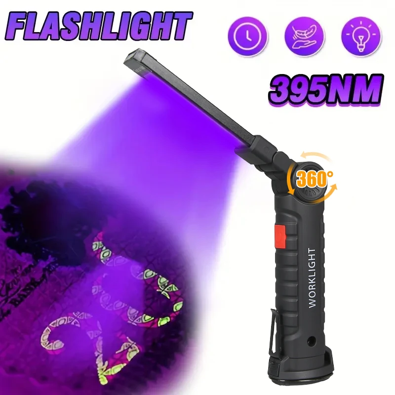 

395nm Led UV Flashlight USB Rechargeable Foldable Lamp with Magnetic and Hook Pet Urine Detector Resin Curing Portable UV Light