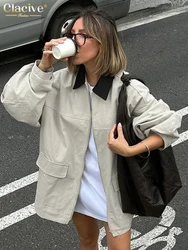 Clacive Winter Loose Khaki Women's Coats 2025 Fashion Lapel Long Sleeve Zip Jacket Casual Classic Patchwrok Coat Female Clothing