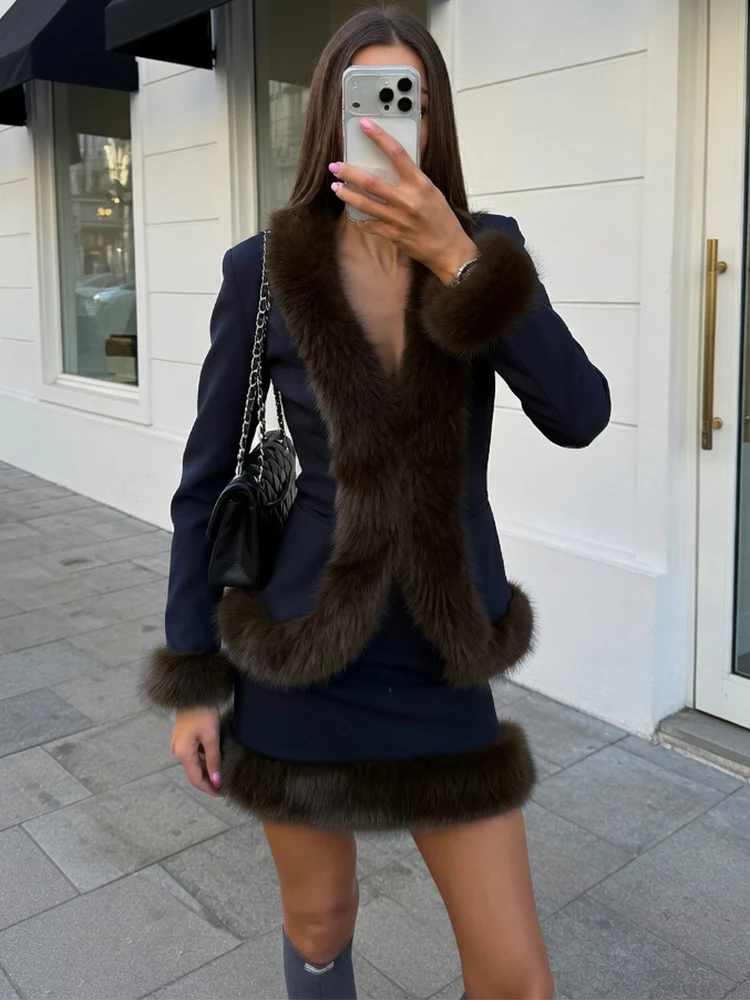 Women's Fur Patchwork Skirt Suit Retro Slim Long-Sleeved Coat Mini Skirt 2-Piece Set Autumn Winter Commuting Jacket Set 2026