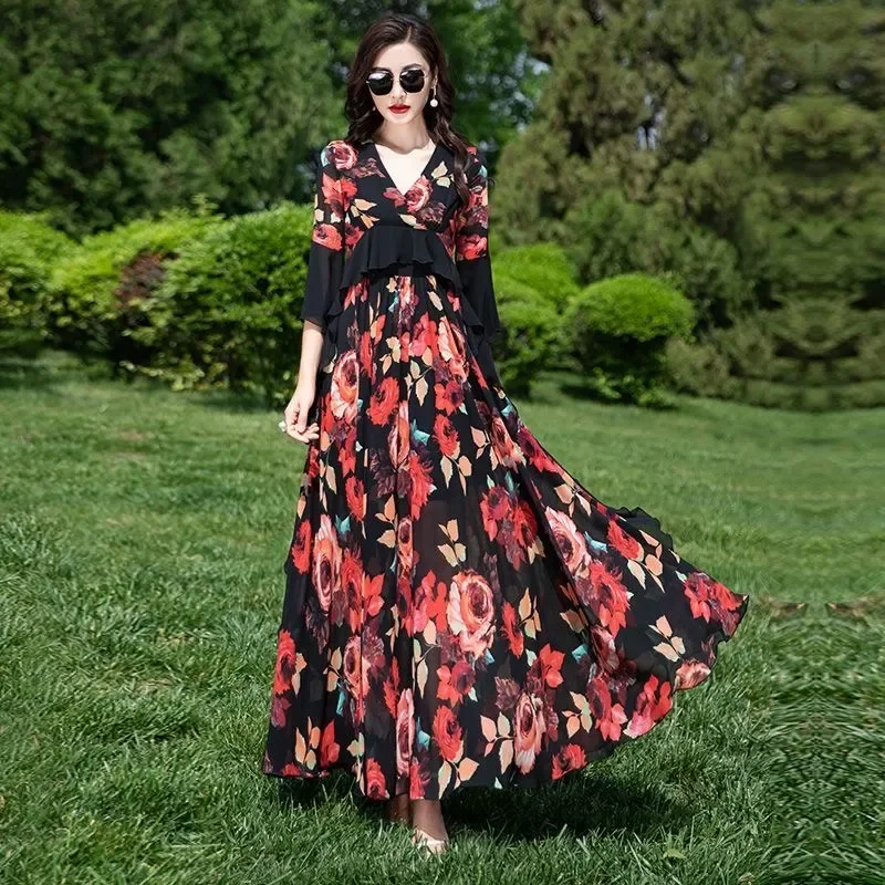 

Women's Vintage Print V-Neck Patchwork Flare Sleeve Floral Dress Summer New Ruffle Trim Dress