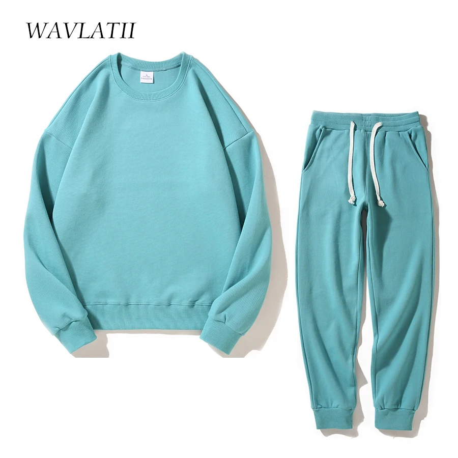 WAVLATII Women New White Streetwear Sweatshirts Sets Female Grey Casual Oversized Sporty Hoody Tops Pants Suits for Young WH2390