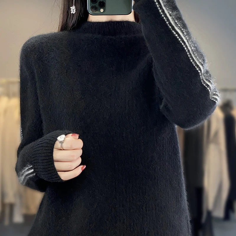 Autumn Winter Fashion 100% Merino Wool Sweater Mock-Neck Solid Color Pullover Cashmere Classic Long Sleeves Clothing Top