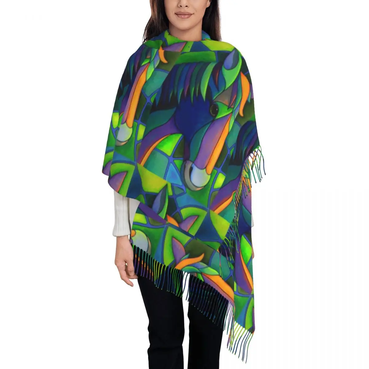 

Horse Glass Art Scarf Abstract Animal Print Warm Soft Shawls and Wrap with Long Tassel Women Popular Head Scarves Winter Bandana