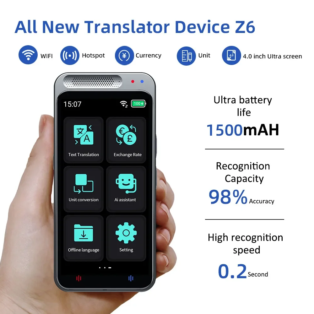 

Portable Smart Translator Z6 Audio Translator 138 Language Offline In Real Time Voice AI Voice Photo Inter-Translation Machine