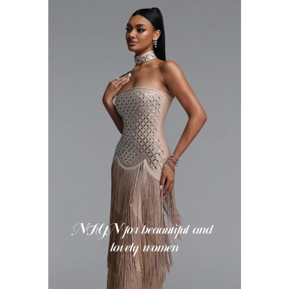 NFYN Nude Beige Prom Dress Silver Rhinestone Beaded Evening Dress With Multi-Layer Tassel Elegant Cocktail Party Gown Customized view 5