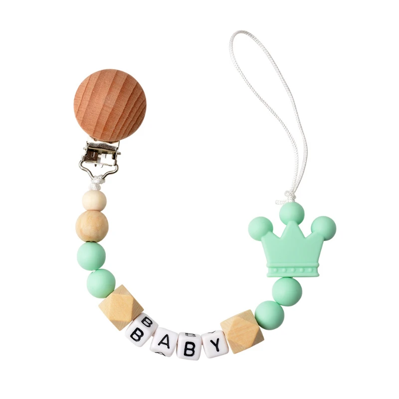 

Customized Name Baby Pacifier Clips Crown Silicone Beads Teether Toys Dummy Holder English Name Pacifier Chain Gift