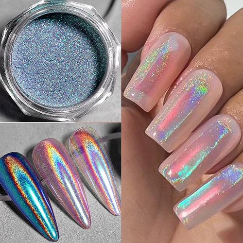 1 caja de polvo láser de neón con purpurina Holo, polvo de frotar plateado, polvo de purpurina cromado brillante para uñas, pigmento láser para manicura DIY