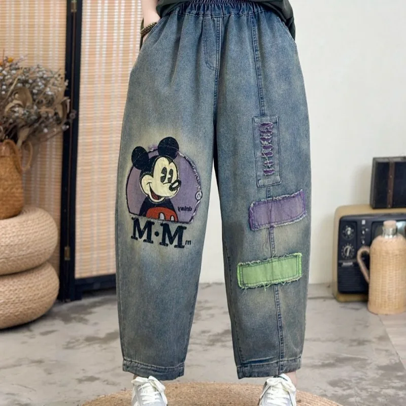 

pants woman clothes Disney Women's Jeans, Mickey Embroidery Vintage Elastic Waist Dad Pants, Loose Slim Plus Size Harem Trousers
