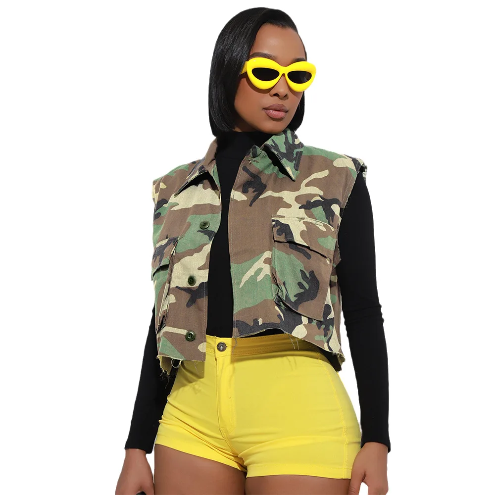 Streetwear Vest for Women Green Camouflage Sleeveless Single Button Sleeveless Summer Casual Turn-down Collar Female Short Vests