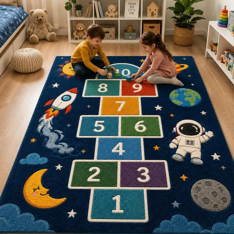 Hopscotch Area Rug Space Rocket Astronaut Number Printed Playroom Game Interactive Floor Carpet Mat