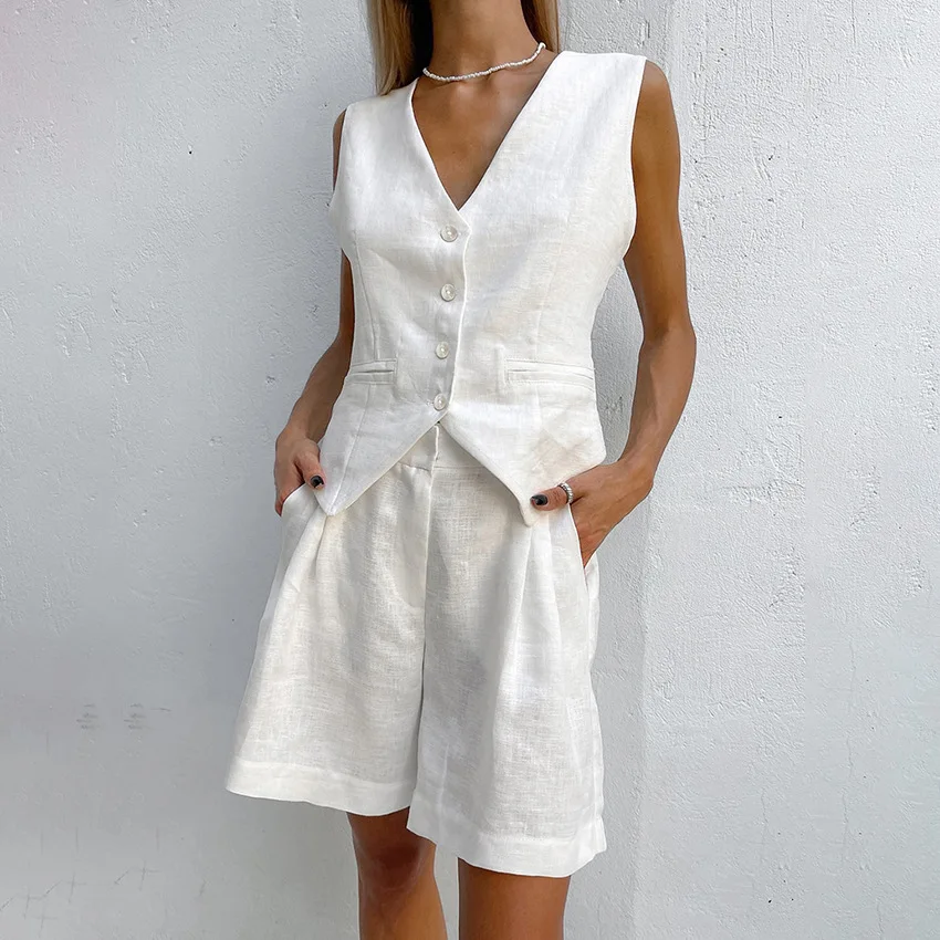 Summer White Linen Shorts Sets Women 2 Pieces 2024 Elegant V-Neck Slim Tops Fashion Cotton Wide Leg Shorts Suits Vacation