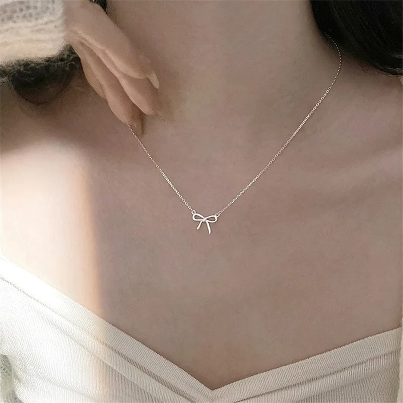 Tour de cou en argent regardé 925 avec nœud papillon pour femme, pendentif simple, colliers de la présidence, cadeau féminin, mode, XN281