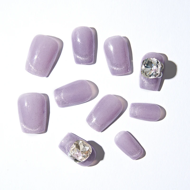 10 Uds. De uñas postizas moradas Taro hechas a mano, temperamento ovalado corto, gradiente de ojo de gato, para mujeres y niñas, arte de uñas desmontable con diamantes