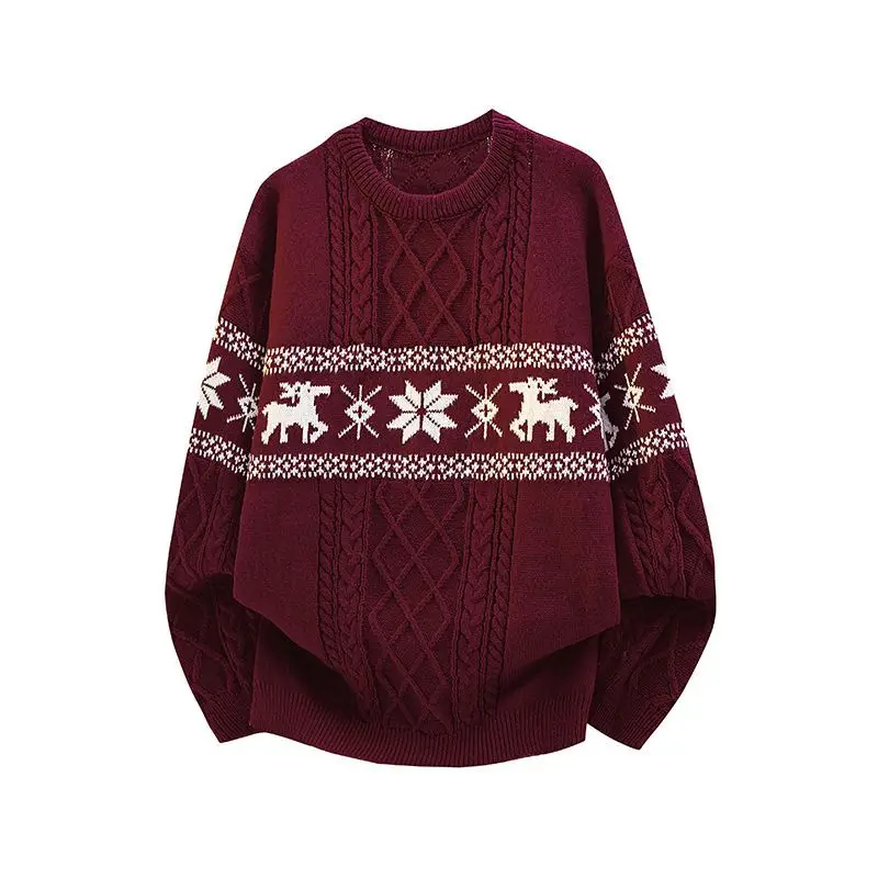 Unisex Fair Isle Christmas Jacquard Sweater Thick Knit Loose Soft Round Neck Long Sleeve Pullover