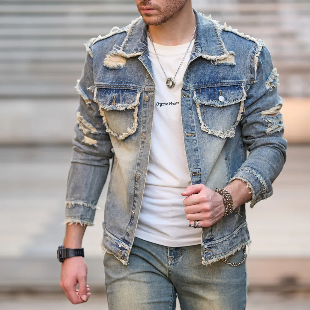 Stylish Retro Style Holes Street Men Slim Denim Jacket Coat Male Good Quality Distressed Casual Denim Jacket For Men's