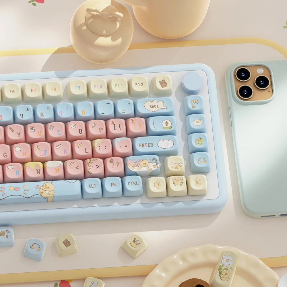 Keycap Set Cute Duck 112-Key Of Keycaps Pink Blue Color Spring Summer Xunyuji Theme Pbt Sublimation Type Moa Personalized Keycap