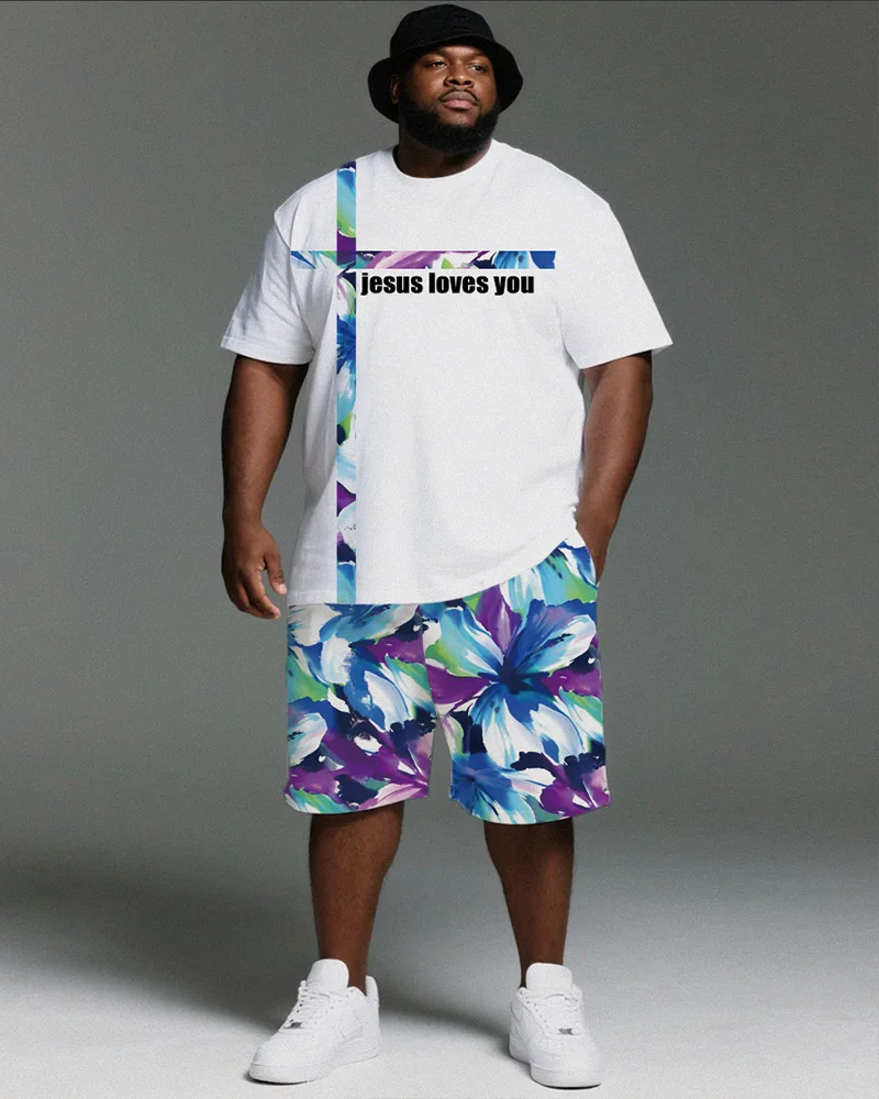 

S-9XL Men's Large Size Floral Cross Short Sleeve T-shirt Shorts Two-piece Set