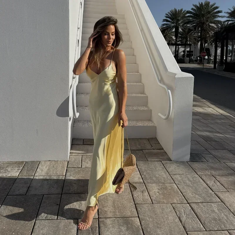 Geel Satijn V-hals Zingen Lange Jurken Damesmode Backless Mouwloze Maxi Gewaden Mode Vrouwelijke Avondfeest Club Jurken