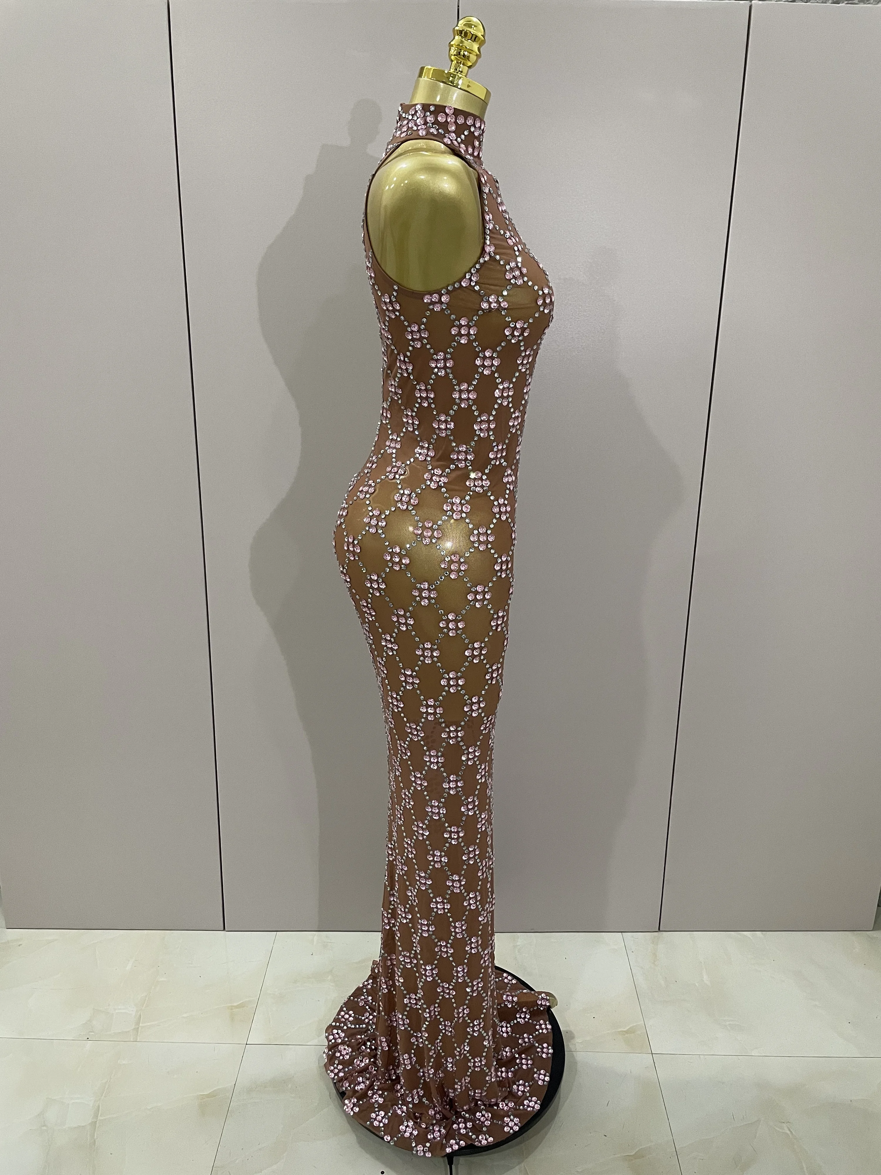Shiny Rhinestones Mesh See Through Bodycon Long Dress 2025 Women Celebrate Birthday Party Stage Performance Photo Shoot Costume