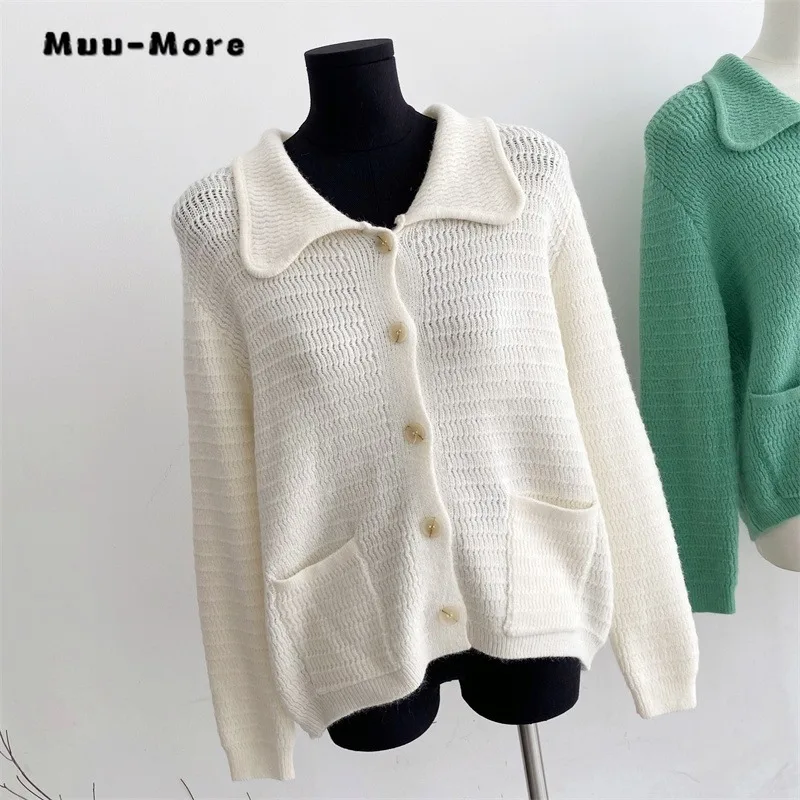 Soft Lazy Wind Sweater Cardigan Women 2023 Autumn Winter Down Collar French Retro Peter Pan Collar Female Casual Loose Sweater