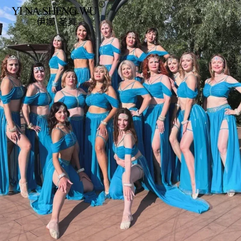 

Костюм для танца живота для женщин, комплект из 2 предметов, сексуальный сетчатый топ с короткими рукавами и длинной юбкой с разрезом, восточный наряд для выступлений, красный