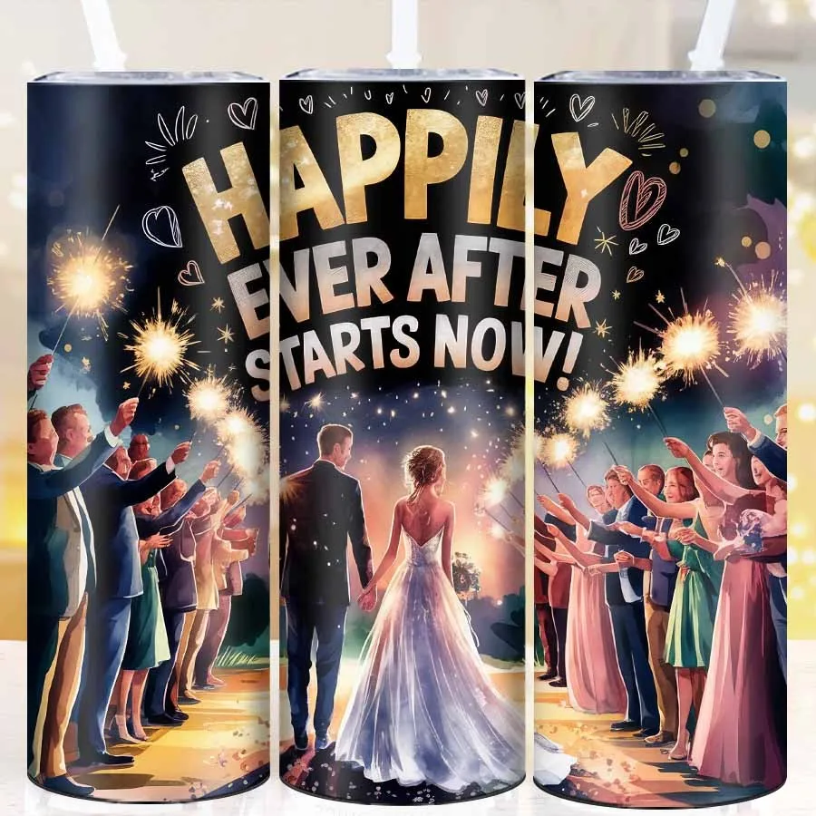 

20oz"Happily Ever After" Wedding Party Tumblers Straw Lid 1Pc 3D Print Wedding Night Stainless Straight Cups Party Supplies