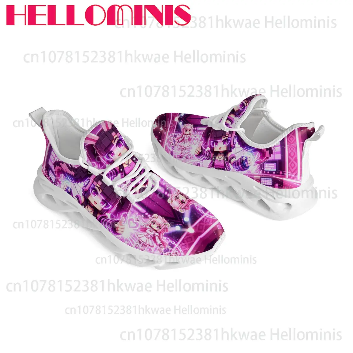 Cute Pink Blocky Cartoon Girl Print Mesh Shoes Lightweight Breathable Streetwear Casual Footwear Unisex Twist Bottom Sneakers