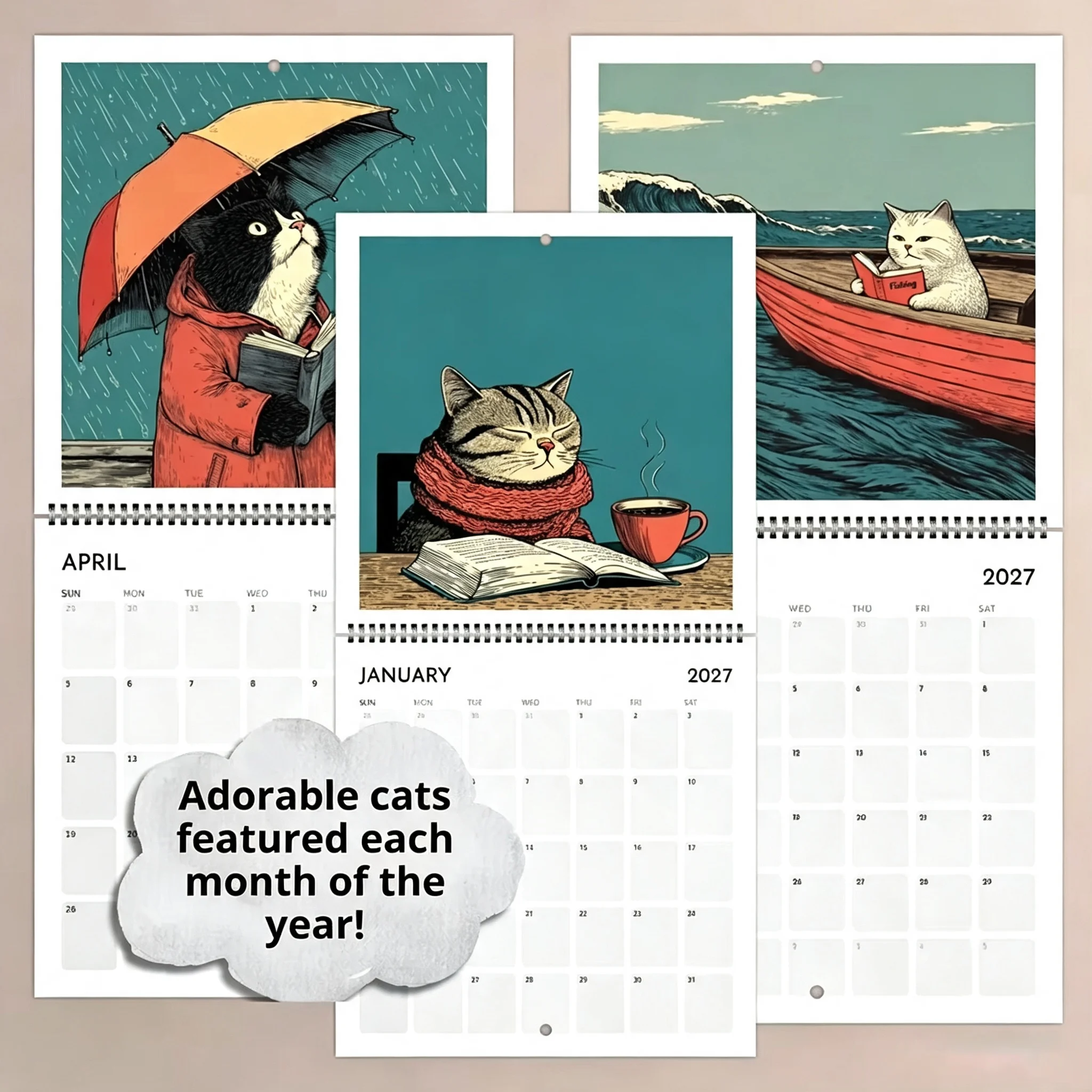 2027 Wall Calendar Cute Reading Cat Art Monthly Planner Calendar Home Office Decor Creative Gift for Cat Lovers Book Readers