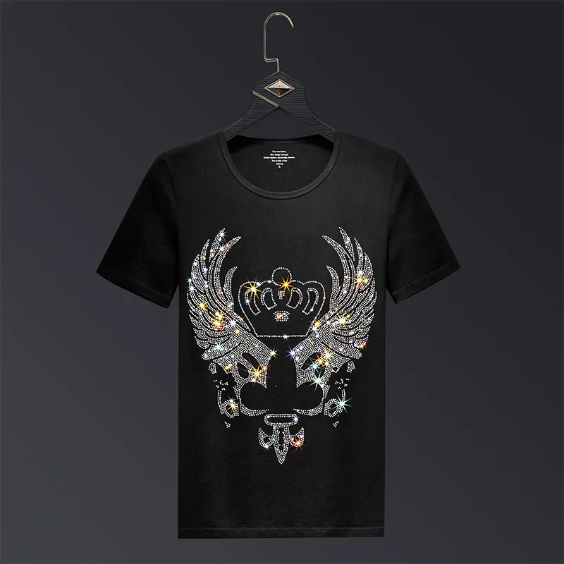 

2023 Crown Rhinestones T Shirts Men Brand Short Sleeve Fashion Man Streetwear O Neck Slim Modal Cotton Tshirts Plus Size 6XL