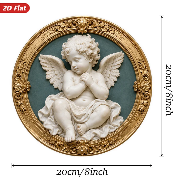 2D Flat, 1pc Round Metal Sign Wall Art, Cherub Angel Wall Art, Golden - Framed, Baroque Style, Home Decor, for Living Room,