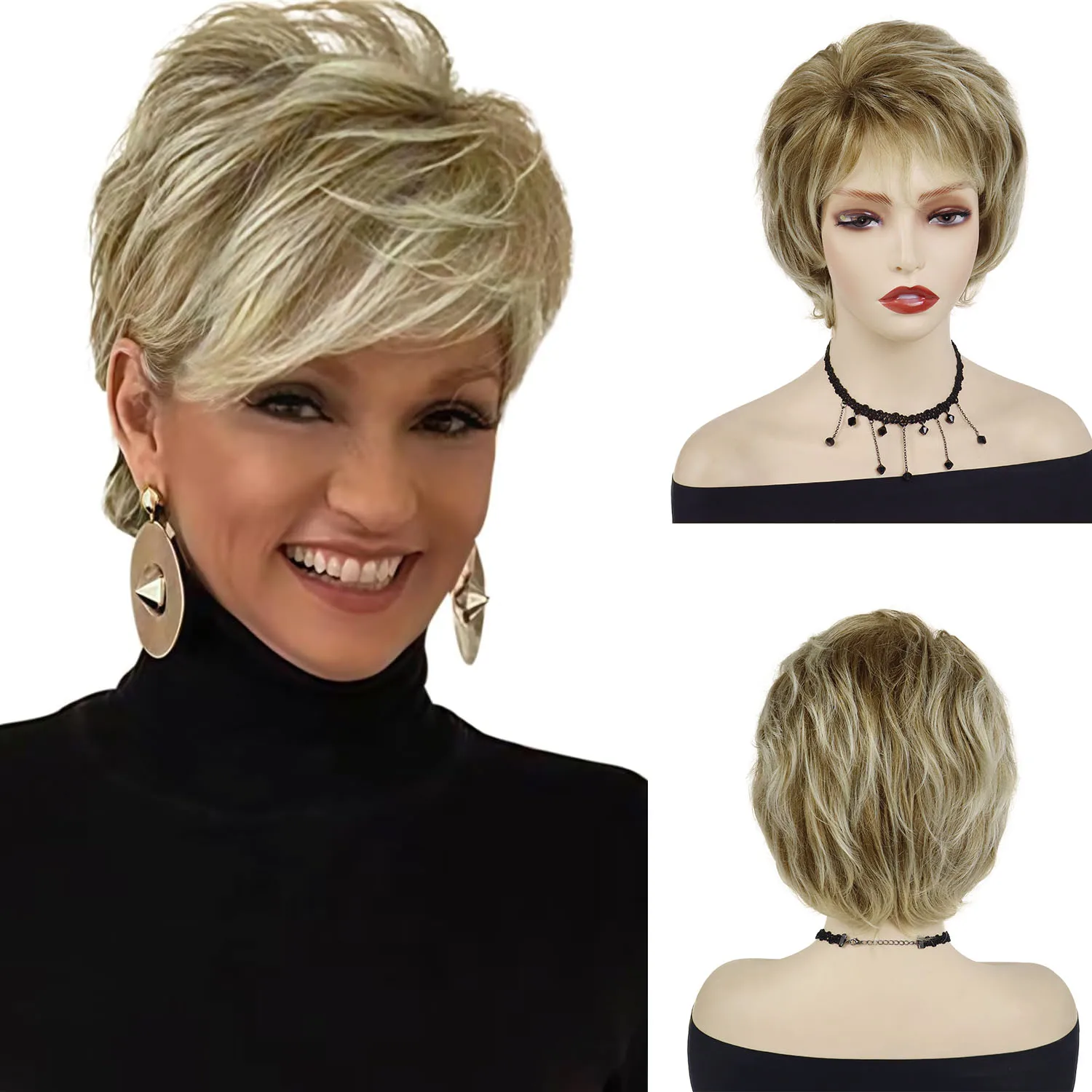 

Short Wigs for Women Synthetic Hair Mixed Blonde Curly Wig with Bangs for Mother Gift Heat Resistant Fiber Costume Wigs Old Lady