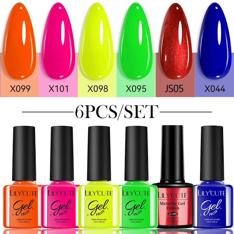 LILYCUTE 6Pcs/Set Blue Series Vernis Semi Permanent UV Gel Soak Off UV LED Sparkly Fluorescent Gel Nail Art Kit All For Manicure