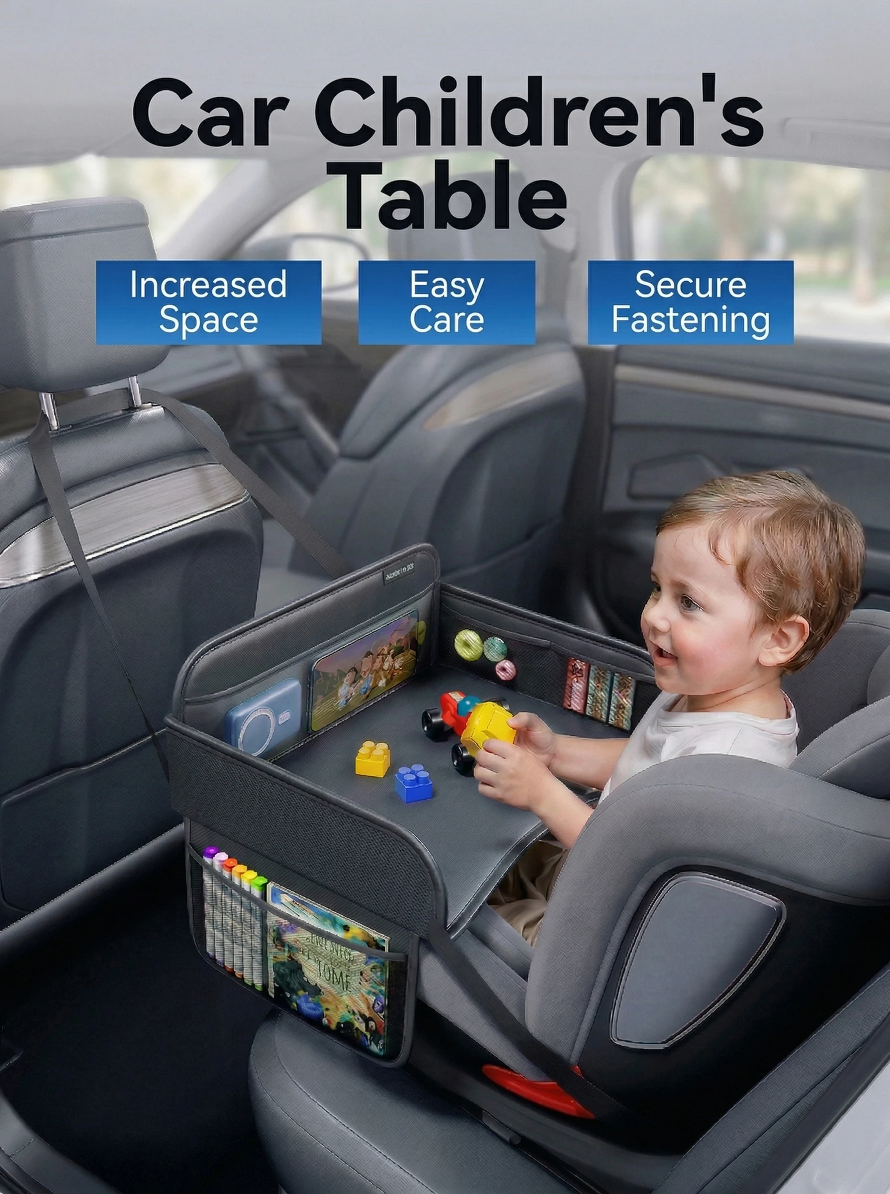 Mesa de Desenho e Refeição Infantil para Carro, Bandeja de Couro Universal para Assento de Segurança, Mesa para Crianças no Banco Traseiro, Ferramenta de Brinquedo, Bolso para Celular, Escrivaninha de Colo