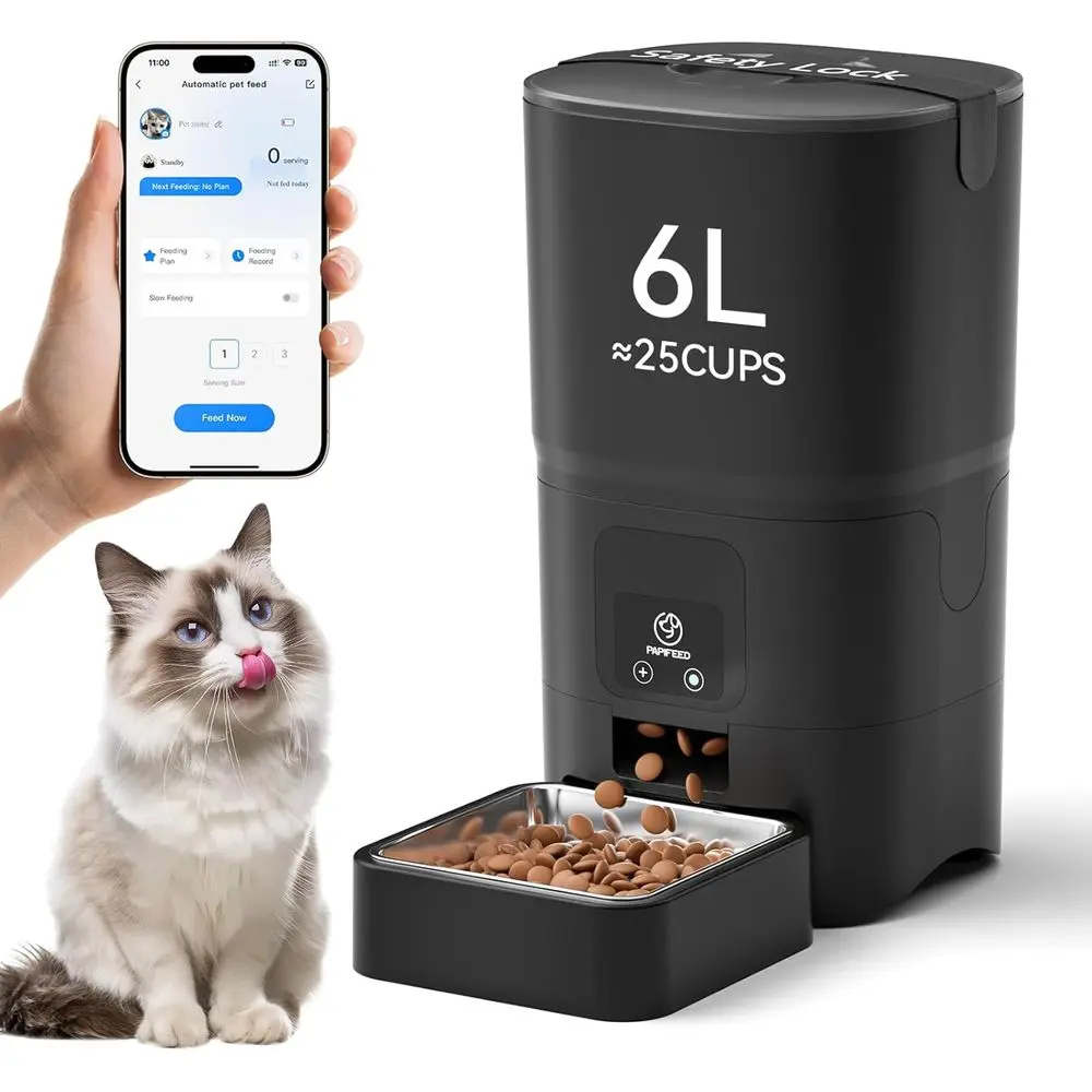 

6L Smart Wi-Fi Cat Food Dispenser with App Control, Bluetooth-Assisted Setup, Stainless Steel Bowl, Anti-Clog Design for Dry Cat