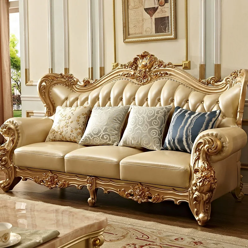 HYS leather sofa combination sofa solid wood carving flower first layer cowhide size apartment princess living room