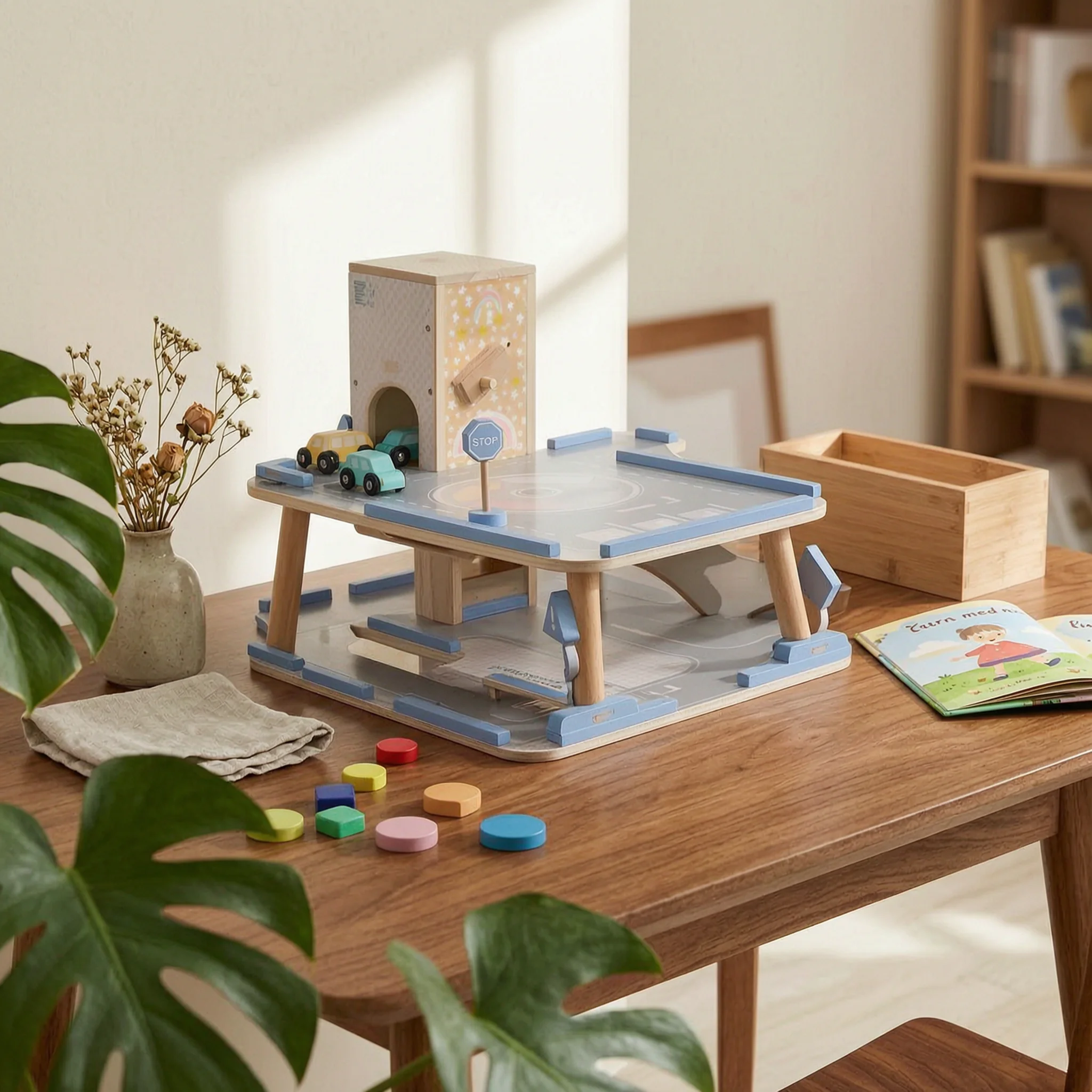 Toy Garage Parking Center Wooden Car Garage Playset with Ramp and Signs for Kids Hands on Fun