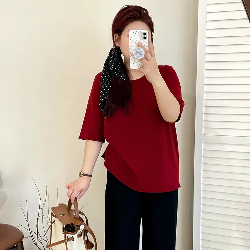 

Женский повседневный трикотажный топ больших размеров с круглым вырезом и коротким рукавом, свободного кроя, летний, новый, из полиэстера