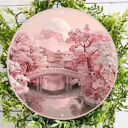 Japanese Temple Design Round Aluminum Wall Sign, UV and Scratch Resistant, Outdoor and Indoor Decor, Wall Art, Home Decoration