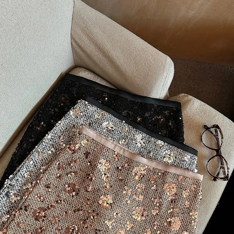 Fashion Tweed Sequin Mini Skirts Women Spring High Waist Luxury A Line Skirt Korean Elegant Office Lady All Match Bodycon Skirt