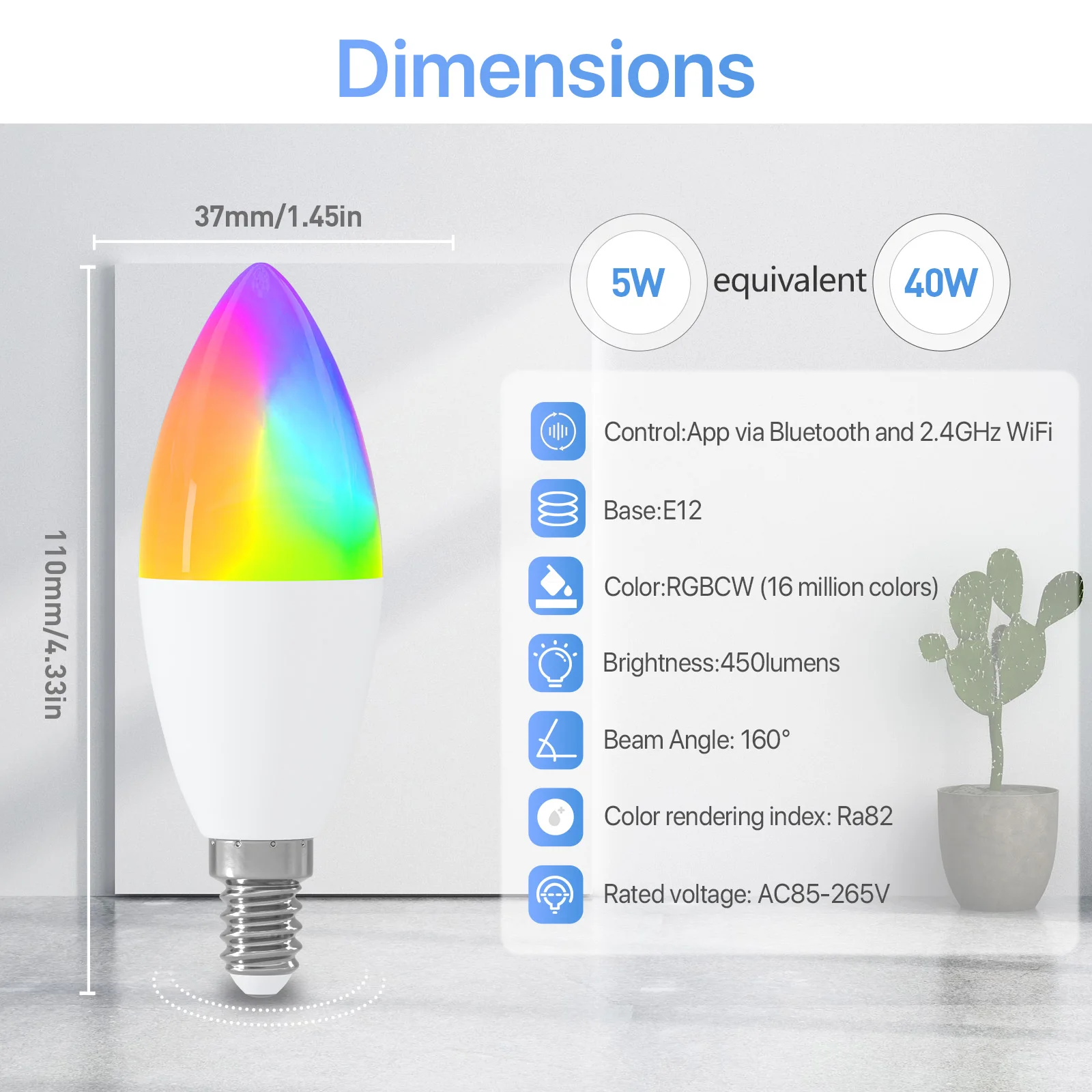 RGB Smart Light Buld C37 E12 5W Smart life Voice Control Dimmable Multicolors 2700K-6500K LED Magic Buld Work With Alexa Google