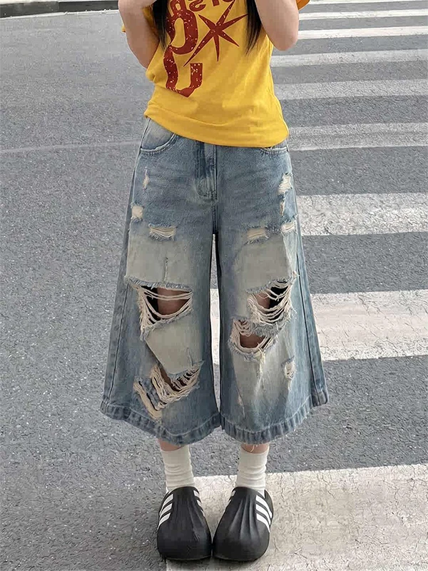 plus Size Women's American Style Hole Wide Leg Seven-Five Jeans Summer New Thin Straight Tube Mid-Pants Casual High Waist