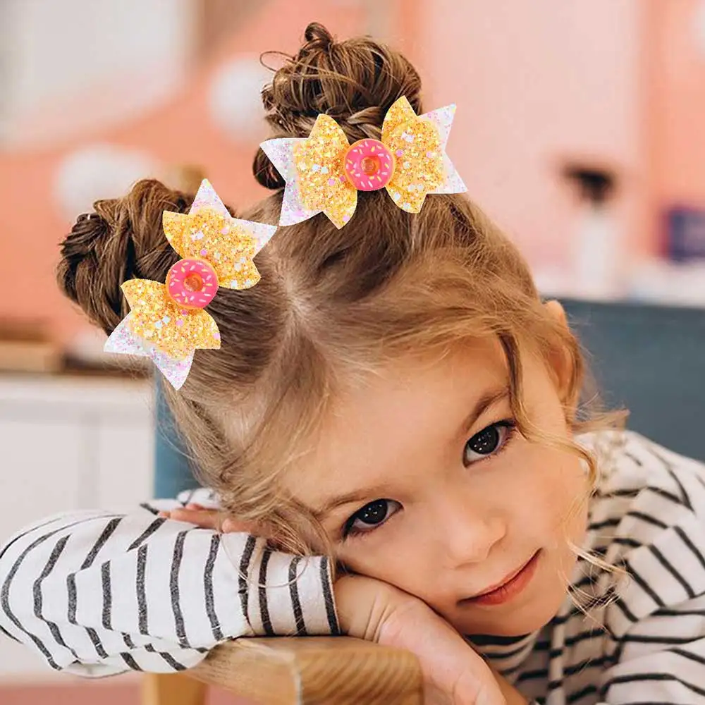 2Pcs rainbow glitter hair clips for Girls Cute Donuts Cupcake Sequins Hairpins Kids  Birthday Gift Trendy Hair Barrettes