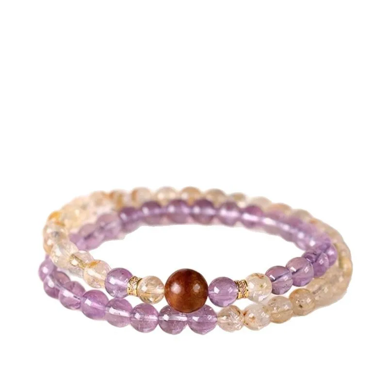 Chinese Style Lucky Blessing 6mm Amethyst Citrine Double Layer Beaded Bracelet Wealth Attracting Good Luck Crystal Jewelry Gift