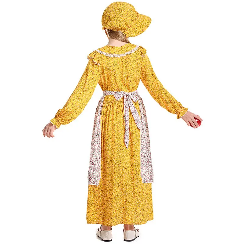 yellow-floral-print-country-girl-prairie-pioneer-outfit-countryside-style-dress-long-sleeve-for-women-and-children-modern-dance