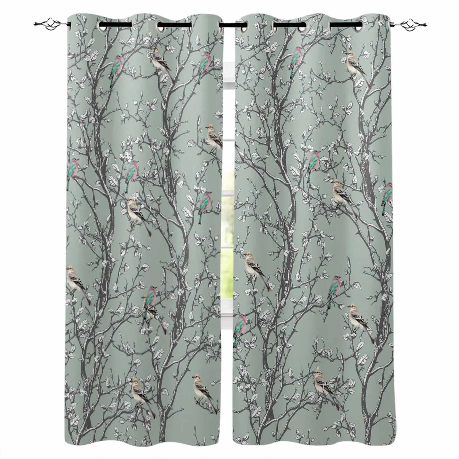 

Branch Bird Vintage Hand Painted Green Living Room Bedroom Elegant Curtains For Kitchen The Room Window Treatments Drapes